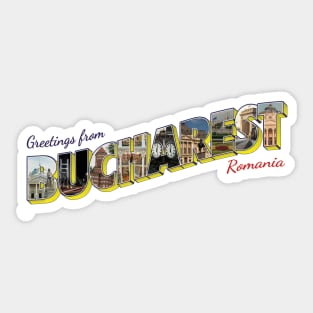 Greetings from Bucharest in Romania Vintage style retro souvenir Sticker